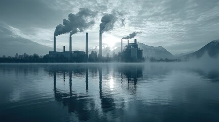 Industrial Landscape Reflection in a Foggy Lake