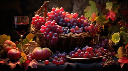 Fototapeta premium a bountiful basket overflowing with red grapes,