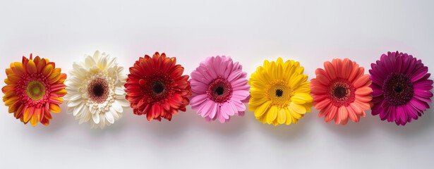 Vibrant gerbera daisies in various colors arranged on a white background, creating a colorful floral display.