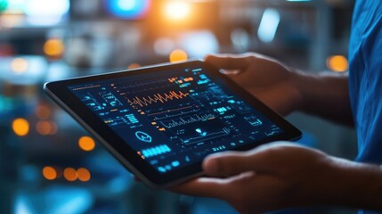 Close-Up of Hands Holding Tablet Displaying ECG Monitor with Heart Rhythm in Emergency Room