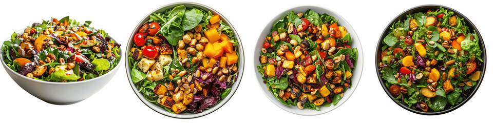 set of A salad bowl filled with mixed greens, roasted vegetables and nuts, mixed greens, roasted vegetables, salad, salad bowl, salad bowl with nuts, on a transparent backgrounds