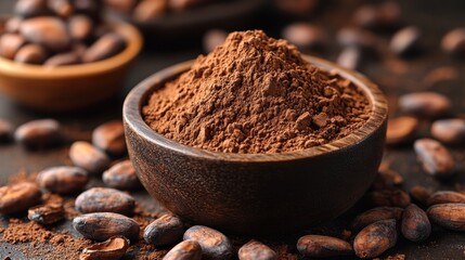 Cocoa Powder in a Wooden Bowl with Cocoa Beans