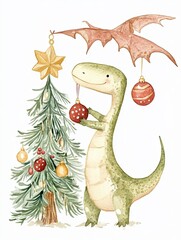 Fototapeta premium Cheerful dinosaur decorating a Christmas tree