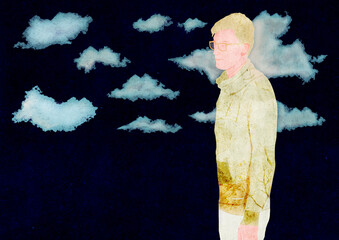 Ilustracja grafika samotny młody człowiek na tle ciemnego nieba z chmurami tekstura. © Monika