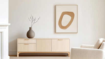 Minimalist living room interior with wooden furniture, a decorative vase, and an abstract artwork on the wall