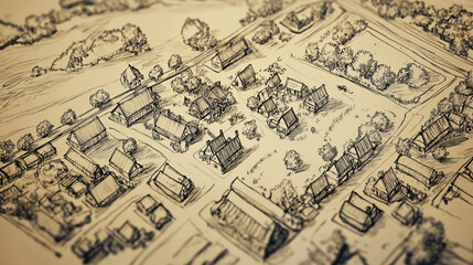 Fototapeta premium Detailed hand-drawn aerial view of medieval village