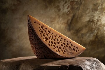 A Wedge of Emmental Cheese with Holes on a Stone