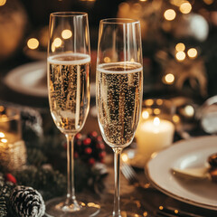 Champagne flutes with bubbles on elegant holiday dinner table