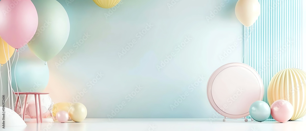 Poster a modern and vibrant setting featuring pastel balloons and a chic led smart lamp transform your spac