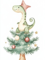 Obraz premium Cute dinosaur atop a decorated Christmas tree