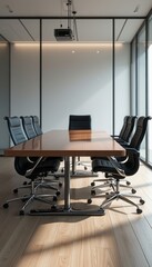 An empty boardroom with a large wooden table and black chairs in a well-lit office space, representing business, meetings, and professional workspaces. The image emphasizes office design and corporate