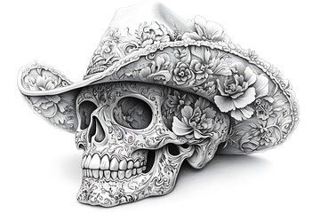 Obraz premium Skull Wearing a Hat Adorned with a Flower.