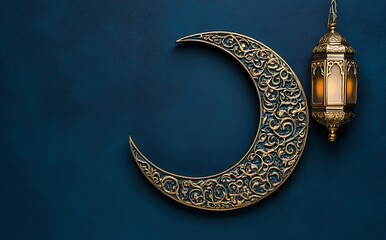 Elegant crescent moon with an ornate lantern on a dark blue background for Ramadan Kareem or an Islamic greeting festival celebration