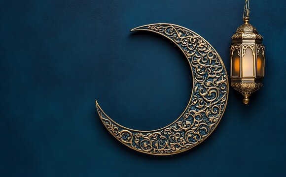 Elegant crescent moon with an ornate lantern on a dark blue background for Ramadan Kareem or an Islamic greeting festival celebration