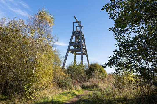 Barony A-Frame pithead winding head gear tower memorial and visitor park, historic industrial heritage site East Ayrshire Scotland