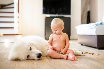 Portrait of cute adorable little blonde baby boy sitting with dog at home. Smiling child holding animal domestic pet. Happy childhood concept