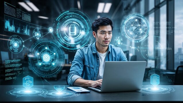Modern office setting, where a young man is working on a laptop, surrounded by digital holograms and data streams.