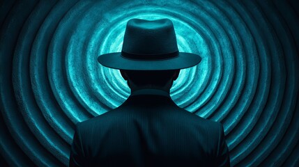 A man wearing a hat and a suit is standing in front of a blue circle