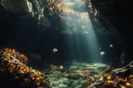 A stunning underwater scene captured by AI. Rays of sunlight pierce through the water, illuminating vibrant jellyfish and lush seaweed. Explore the beauty of marine life. Generative AI