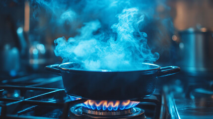 A simmering cast iron pot on a gas stove with blue flames and steam photography