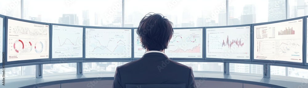 Poster a business professional analyzes data trends on multiple screens in a modern office environment, sho