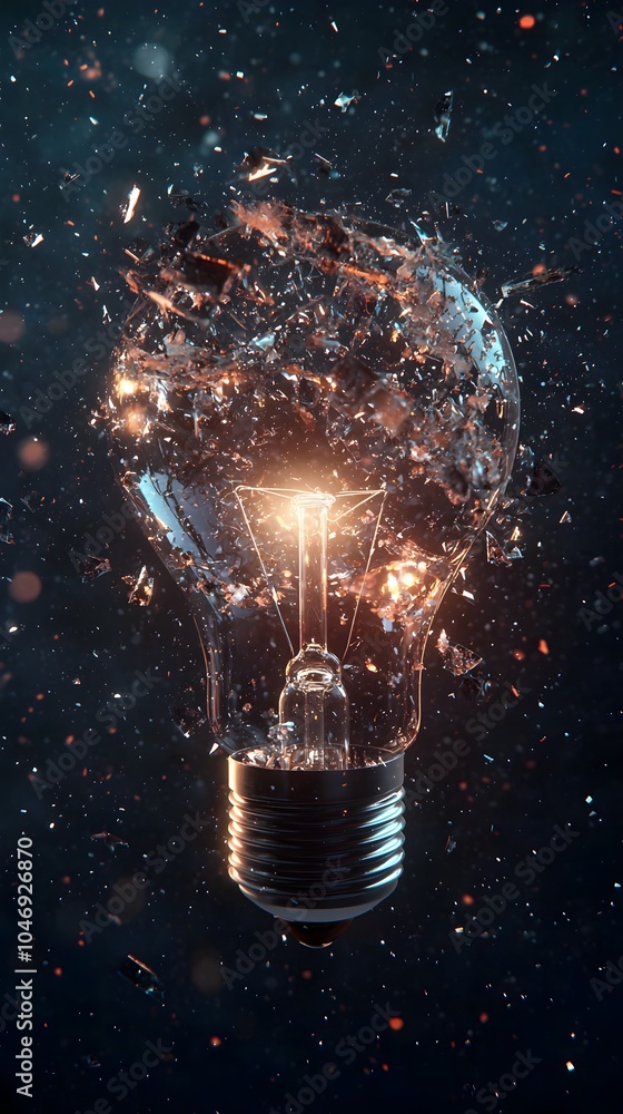 Poster shattering light bulb fragments forming smaller replicas symbolizing multiplication of ideas from a 