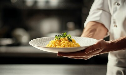 Chef holding plate of risotto, close-up, dark background of luxury restaurant and copy space for your ad text