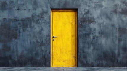 A yellow door is open in front of a gray wall