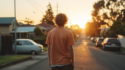 Golden Hour Stroll: A lone figure walks down a quiet suburban street as the sun sets, casting a warm glow.