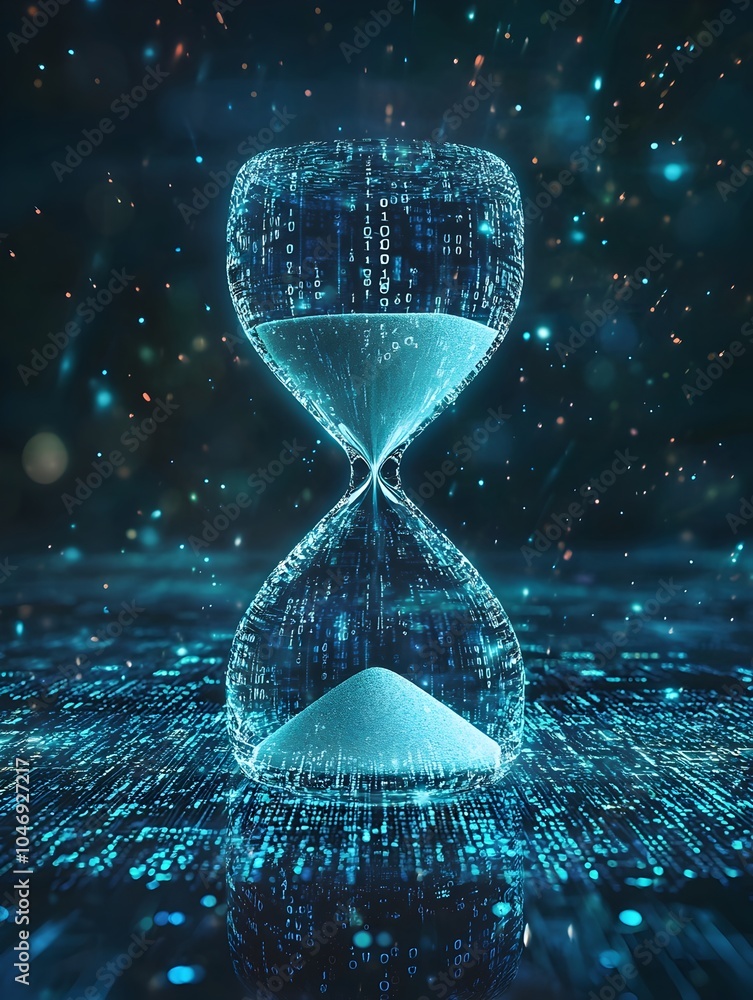 Poster hourglass icon made of digital code representing time in the context of the digital age and fast pac