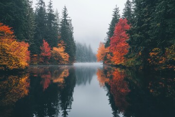 Obraz premium Serene Lake Surrounded by Autumn Trees Reflection