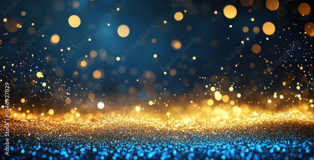Poster mesmerizing abstract background featuring shimmering blue and gold glitter with bokeh lights, creati