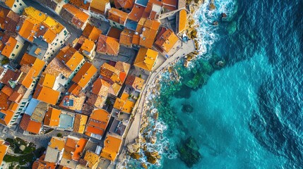 Aerial View of Colorful Coastal Town with Rooftops