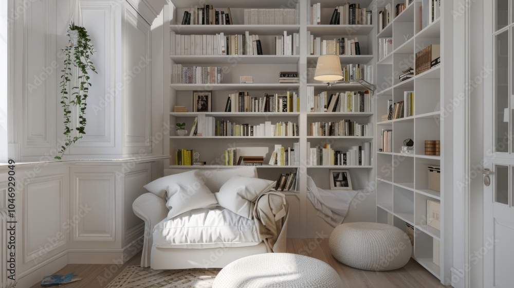 Poster a cozy and intimate reading nook-inspired living space design featuring a white canvas backdrop, fur