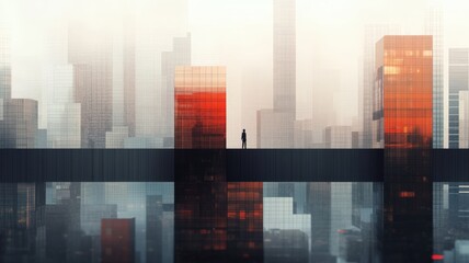 Obraz premium A lone figure stands on a bridge, gazing at a city skyline reflecting a fiery sunset. A moment of quiet contemplation.