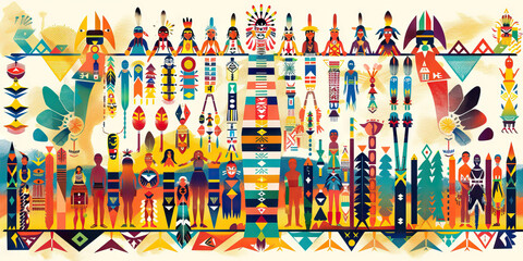Obraz premium A brightly colored Native American genealogy chart, incorporating tribal symbols and patterns.