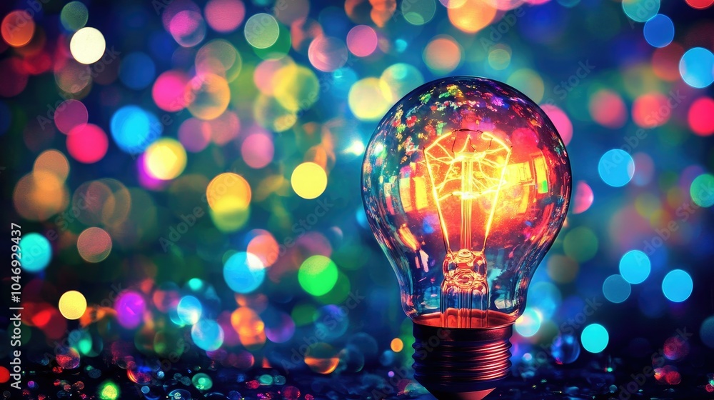 Poster a bright glowing light bulb surrounded by bokeh lights in various colors, symbolizing creativity and