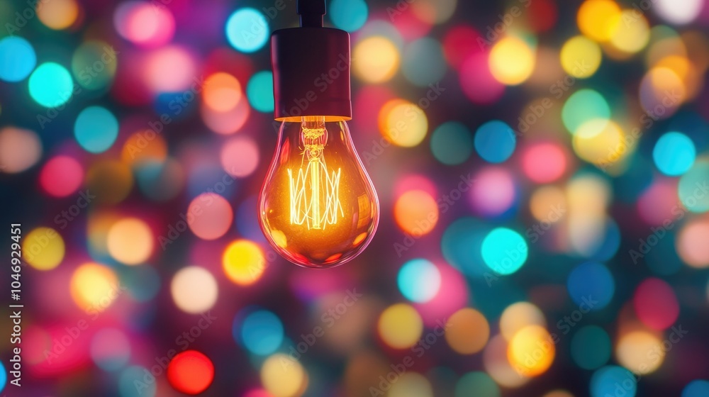 Poster a bright glowing light bulb surrounded by bokeh lights in various colors, symbolizing creativity and
