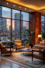Fototapeta premium Modern living room with city view at sunset
