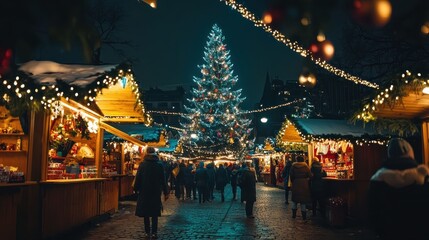 Fototapeta premium Christmas Market Night with Bright Festive Lights