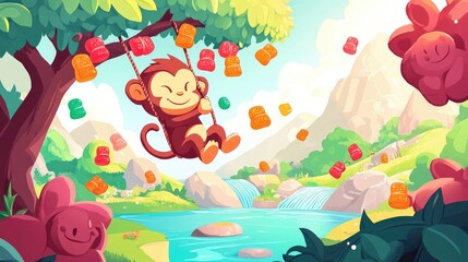 Cute Monkey Swinging from Gummy Bears on Tree Branch Over Candy River in Colorful Illustration