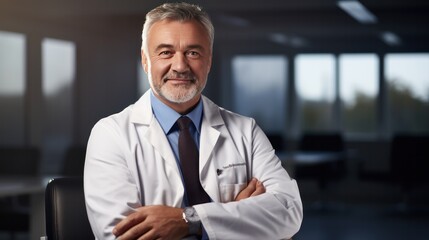 Obraz premium a middle-aged male doctor wearing a white coat and stethoscope