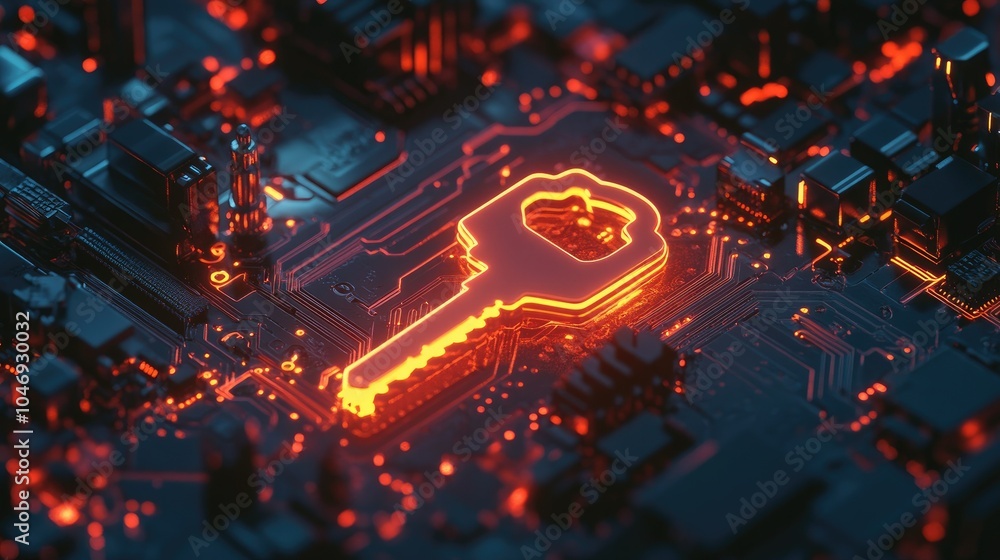 Poster A glowing key in a digital environment surrounded by flashing circuits, representing data security.