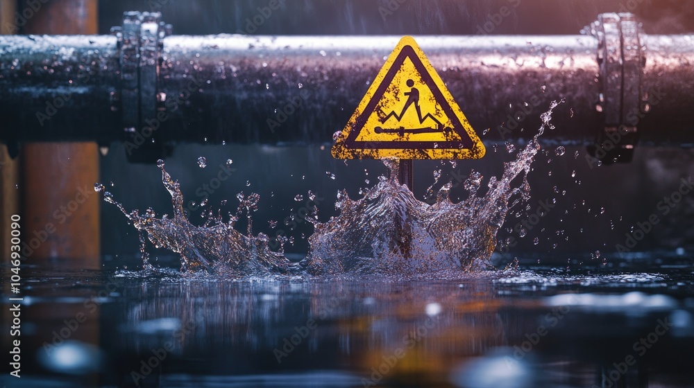 Aufkleber A leaking pipe in the background with water splashing into a warning icon, representing potential flooding.
