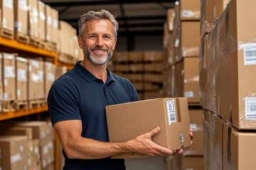 
A middle-aged man is preparing to ship goods, smiling and holding cardboard boxes in the warehouse of his small business company for selling products online on an e-commerce platform. 