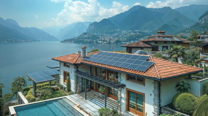 Obraz premium Modern luxury villa with solar panels on the roof enjoying a lake view in the mountains