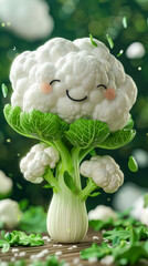 Obraz premium Cartoon cauliflower is smiling and holding a leafy green stem. The image has a lighthearted and playful mood
