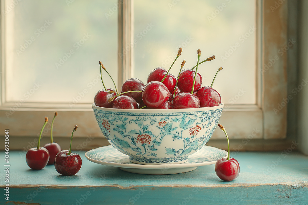 Wall mural fresh cherries in an elegant bowl placed by a sunlit window on a serene morning. generative ai