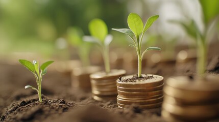 A row of coins stacked with seedlings growing from them, representing sustainable investment growth.
