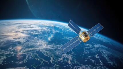 Fototapeta premium A satellite orbiting Earth, symbolizing global connectivity through internet technology from space.